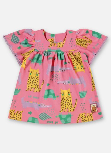 Vestido para Bebê em Algodão Estampado Rosa Pink