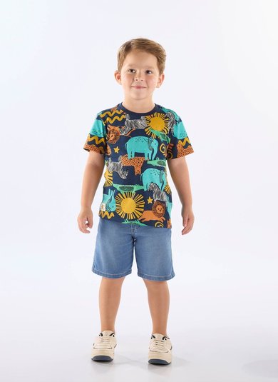 Camiseta Infantil Safári em Algodão (Azul Marinho) Up Baby