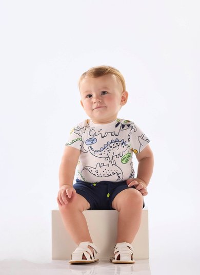 Conjunto para Bebê Menino com Body Dinossauro e Bermuda (Branco) Up Baby