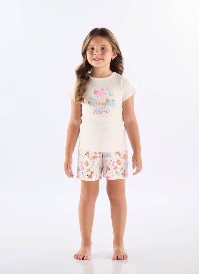 Pijama Infantil Blusa e Short em Suedine Estampado (Off White) Up Baby