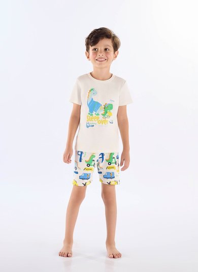 Pijama Infantil de Verão com Camiseta e Bermuda Estampados (Off White) Up Baby