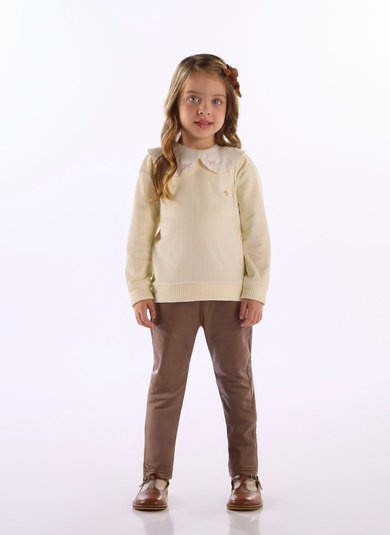 Blusão Menina Inverno em Malha Comfort com Bordado Off White