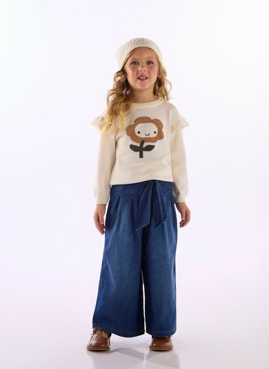 Blusão Infantil Menina em Tricot com Bordado de Flor Off White