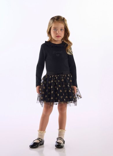 Conjunto Infantil Menina com Blusa Canelada e Saia em Tule Preto