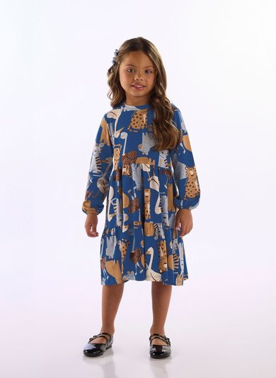 Vestido Infantil Menina em Cotton com Manga Longa Multicolor
