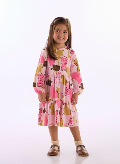 Vestido Infantil Menina em Cotton com Manga Longa Multicolor