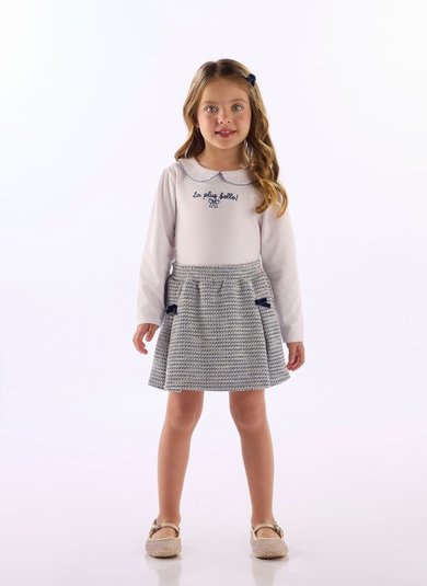 Conjunto Infantil Menina com Blusa em Cotton e Short-Saia Tweed Branco