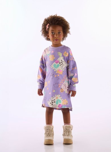 Vestido Infantil Menina em Cotton com Estampa Roxo