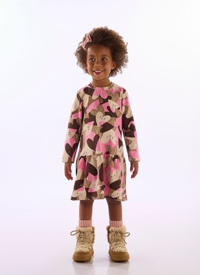 Vestido Infantil em Cotton com Manga Longa Marrom