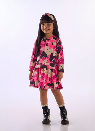 Vestido Infantil em Cotton com Manga Longa Rosa