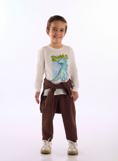 Camiseta Infantil Manga Longa Dinossauro Roar Off White