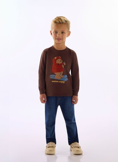 Camiseta Infantil Manga Longa em Meia Malha Winter Games Marrom