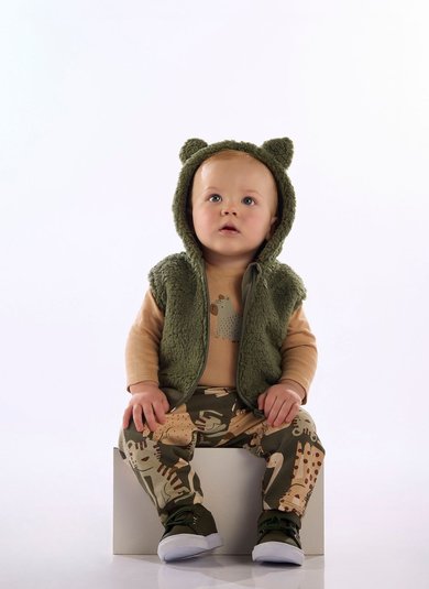 Conjunto Bebê Menino Colete Teddy e Body em Suedine e Calça em Cotton Marrom