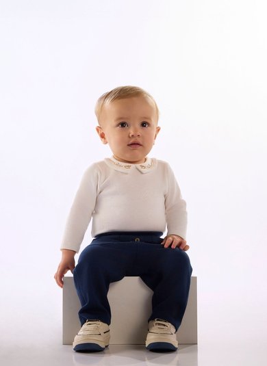 Body Suedine Bebê Menino com Gola Dupla Bordada Off White