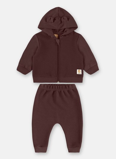 Conjunto Bebê Menino Jaqueta com Orelhinhas e Calça Matelassê Marrom