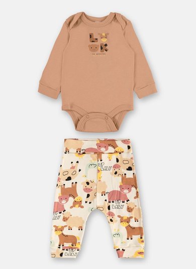 Conjunto Body Manga Longa e Calça Bebê Menino Bege