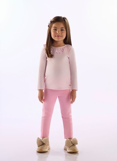 Blusa Infantil Feminina com Gola de Renda Rosa