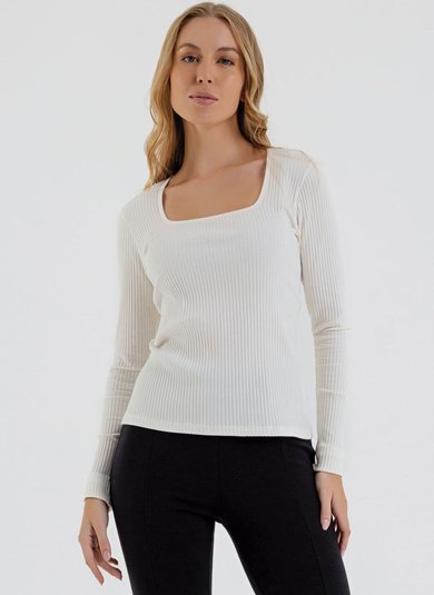 Blusa Manga Longa Feminina em Ribana Canelada (Off White) Just Basic