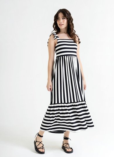 Vestido Midi em Cotton Listrado (Off White) Just Basic