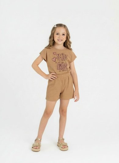 Conjunto com Blusa Cropped e Short em Ribana para Menina (Marrom) Guloseima