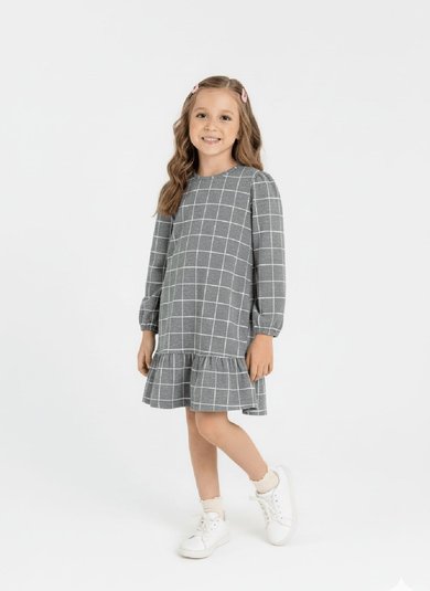 Vestido Infantil em Jacquard Xadrez (Cinza) Guloseima