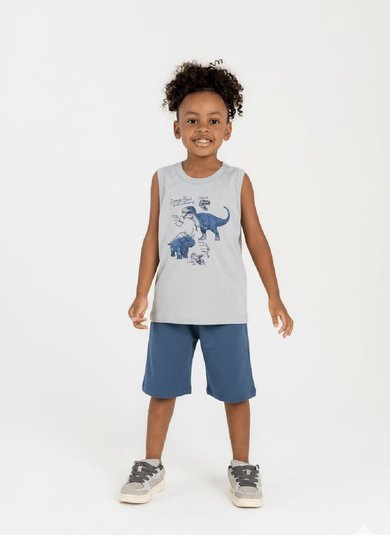 Conjunto Infantil Masculino com Regata Estampada e Bermuda Cinza