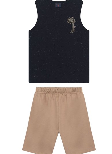 Conjunto Infantil Masculino com Regata Estampada e Bermuda (Preto) Guloseima