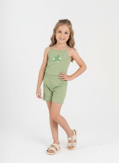 Conjunto em Ribana Canelada Menina com Regata e Short (Verde) Guloseima