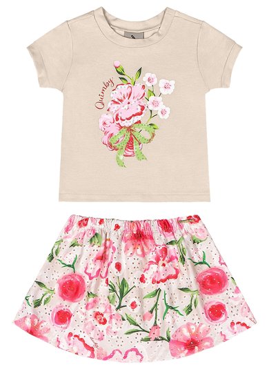 Conjunto com Blusa e Saia Short Floral para Bebê Bege