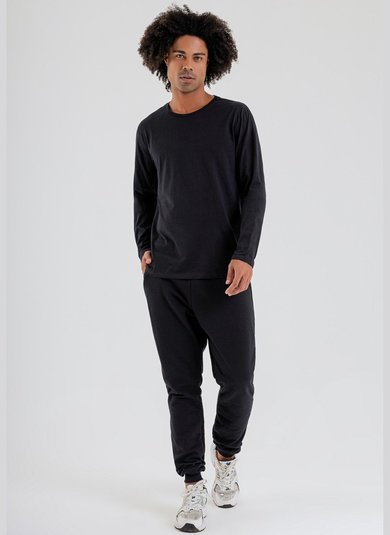 Camiseta Básica de Mangas Longas Masculino Adulto (Preto) Just Basic