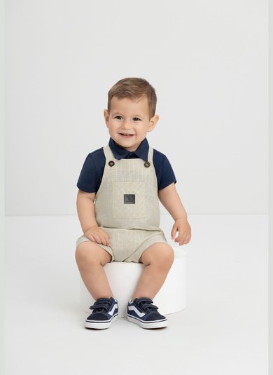 Conjunto Bebê Menino com Camisa Polo e Jardineira Quadriculada Azul Marinho