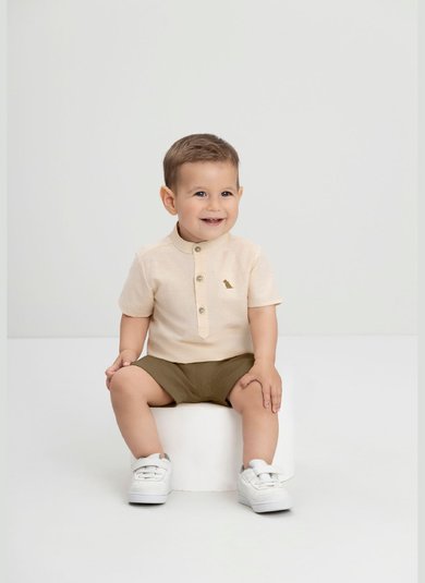 Conjunto Bebê Menino Camisa Texturizada e Bermuda (Off White) Quimby