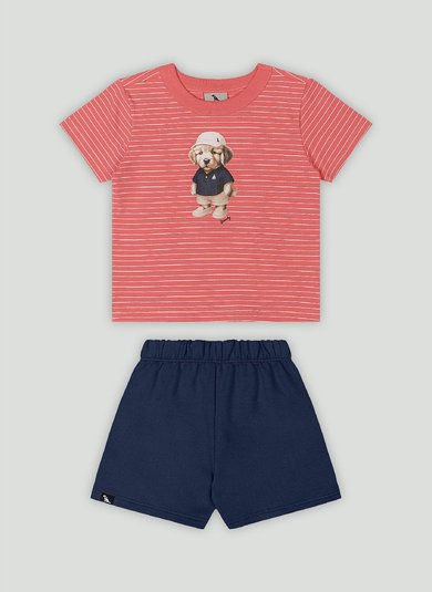 Conjunto Bebê Menino Camiseta Listrada e Bermuda (Vermelho) Quimby