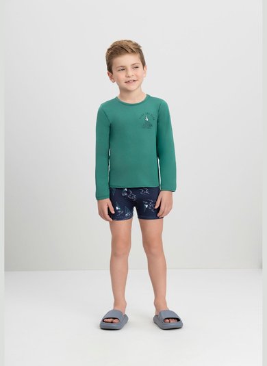 Conjunto Infantil com Camiseta FPS+50 e Sunga Boxer (Verde) Quimby