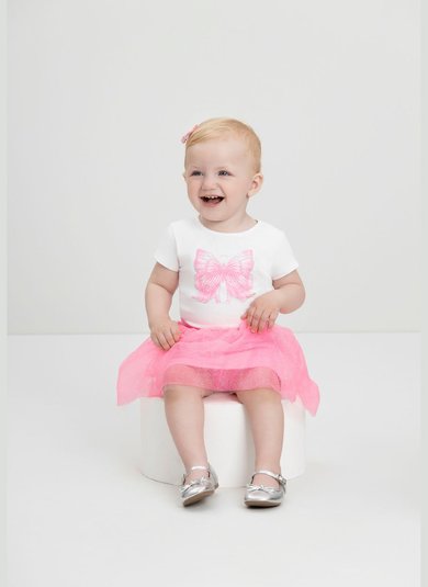 Conjunto Bebê com Blusa Borboleta e Saia Tule Branco