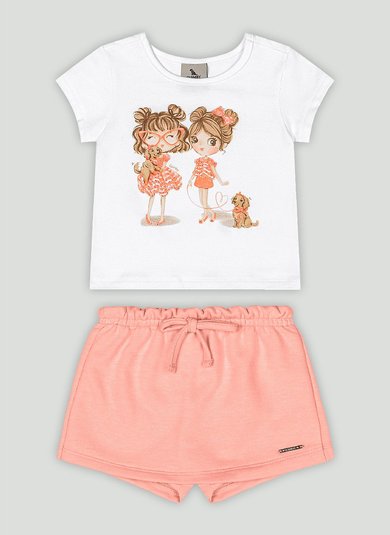 Conjunto Bebê com Blusa de Bonecas e Short-Saia (Branco) Quimby