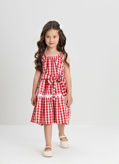 Vestido Xadrez Infantil com Alças e Renda Vermelho
