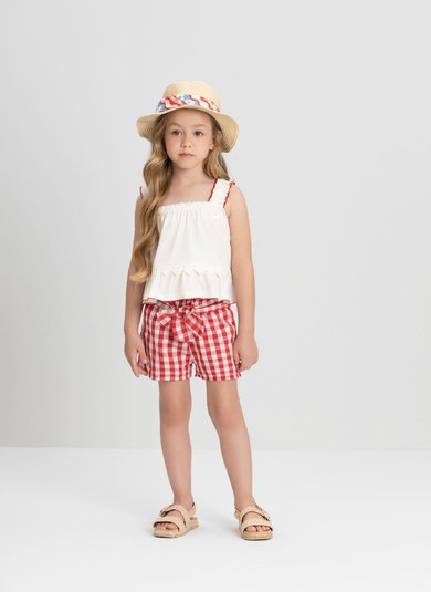 Conjunto para Menina com Bata e Short Xadrez Off White