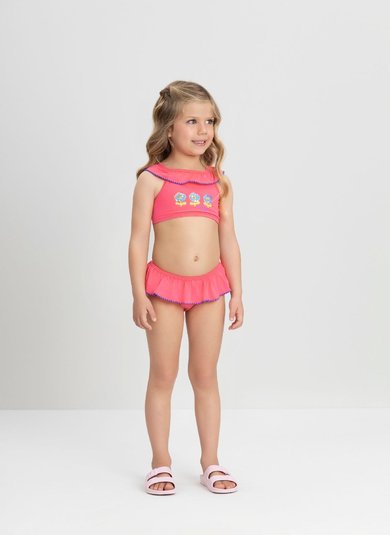 Conjunto de Biquíni com Top e Calcinha em Malha com FPS+50 com Babados (Rosa Pink) Up Baby