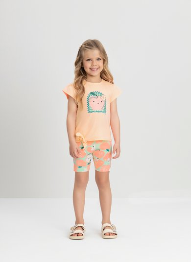 Conjunto Infantil com Blusa e Bermuda Ciclista em Cotton Rosa Claro