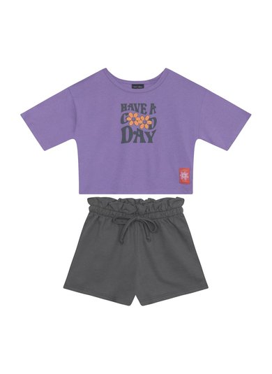 Conjunto Infantil com Blusa Have a Good Day e Short Clochard (Roxo) Guloseima