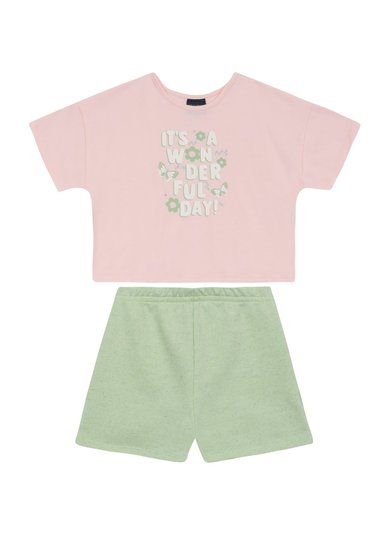 Conjunto Infantil com Blusa Cropped Wonderful Day e Short (Rosa) Guloseima
