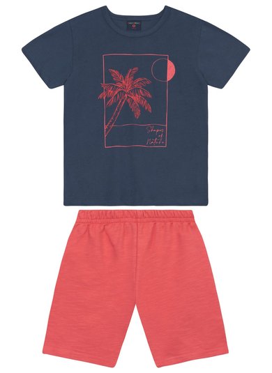 Conjunto para Menino com Camiseta de Coqueiros 3D e Bermuda (Azul Marinho) Guloseima