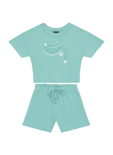 Conjunto Infantil Blusa Cropped Girl Power e Short Clochard (Azul Claro) Guloseima