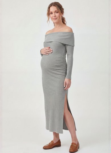 Vestido Midi Gestante Canelado Ombro a Ombro (Cinza) Just Basic
