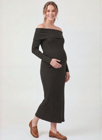 Vestido Midi Gestante Canelado Ombro a Ombro (Preto) Just Basic