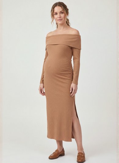 Vestido Midi Gestante Canelado Ombro a Ombro (Marrom) Just Basic
