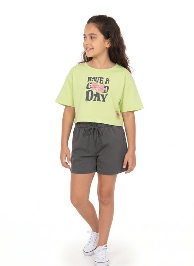 Conjunto Infantil com Blusa Have a Good Day e Short Clochard (Verde Claro) Guloseima